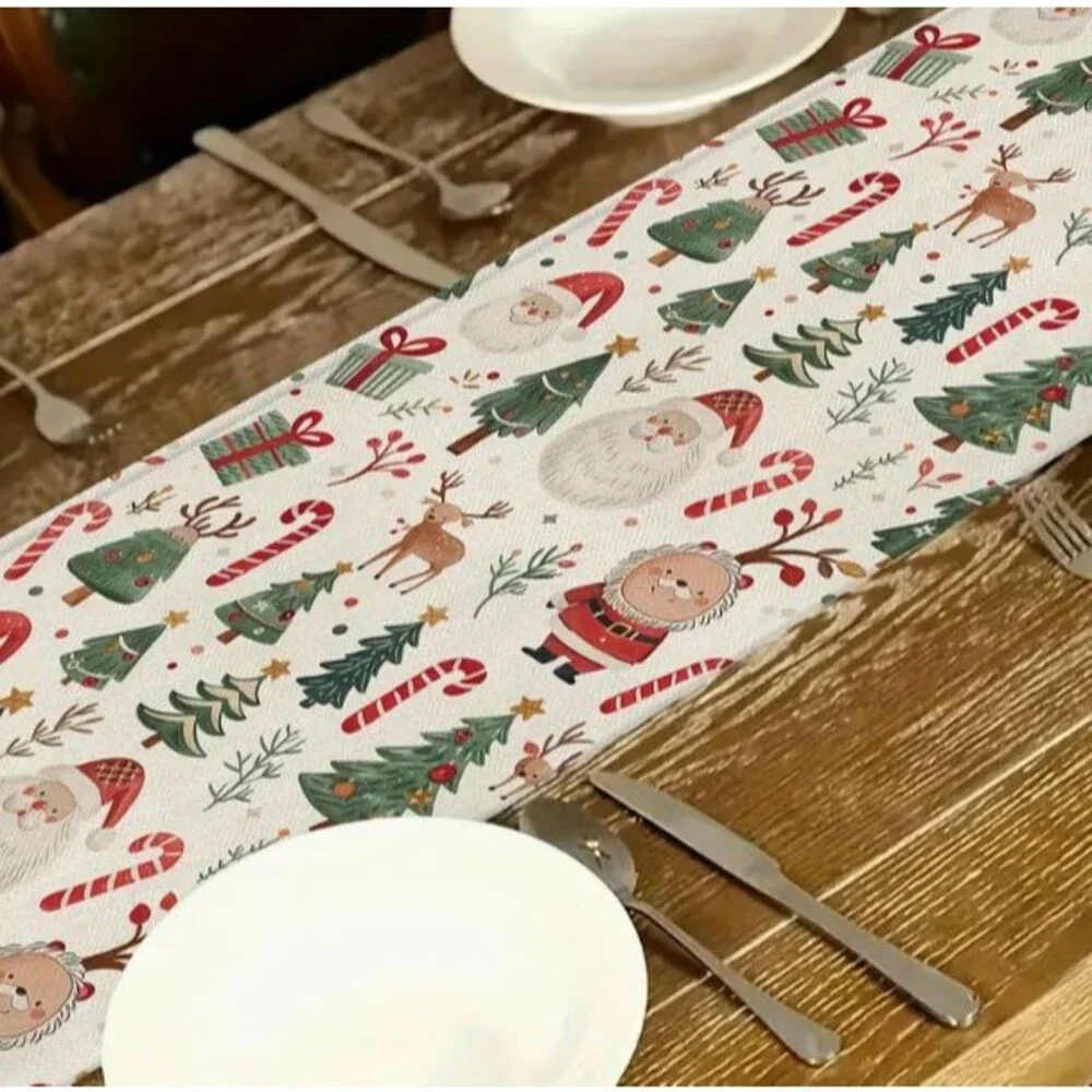 Christmas Table Runner 13x72in Linen Santa Trees Reindeer Candy Canes